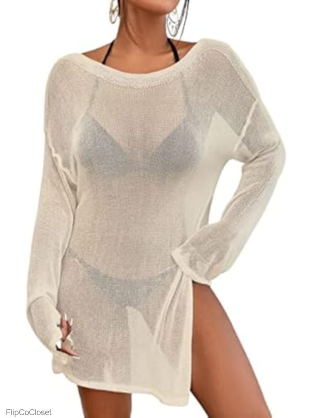Crochet Mesh Beach Cover Up Top Long Sleeve Bathing Suit Coverup